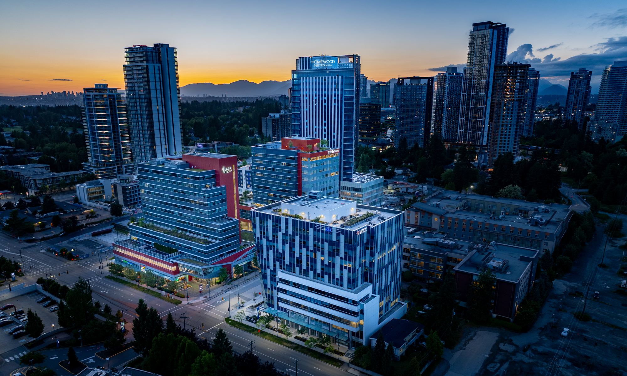 Aerial view at dusk of the Health and Technology District in Surrey City Centre